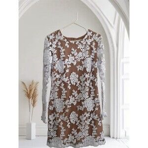 Dress the Population Grace White Sequin Over  Nude Beige Mini Cocktail Dress M
